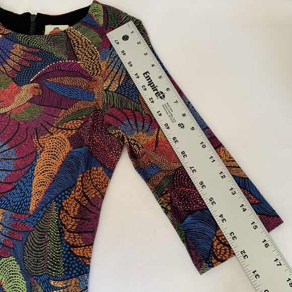 Farm Rio Dress Dotted Macaws Midi 3/4 Sleeve Fitted Jersey Tropical Vacation M - Picture 11 of 14
